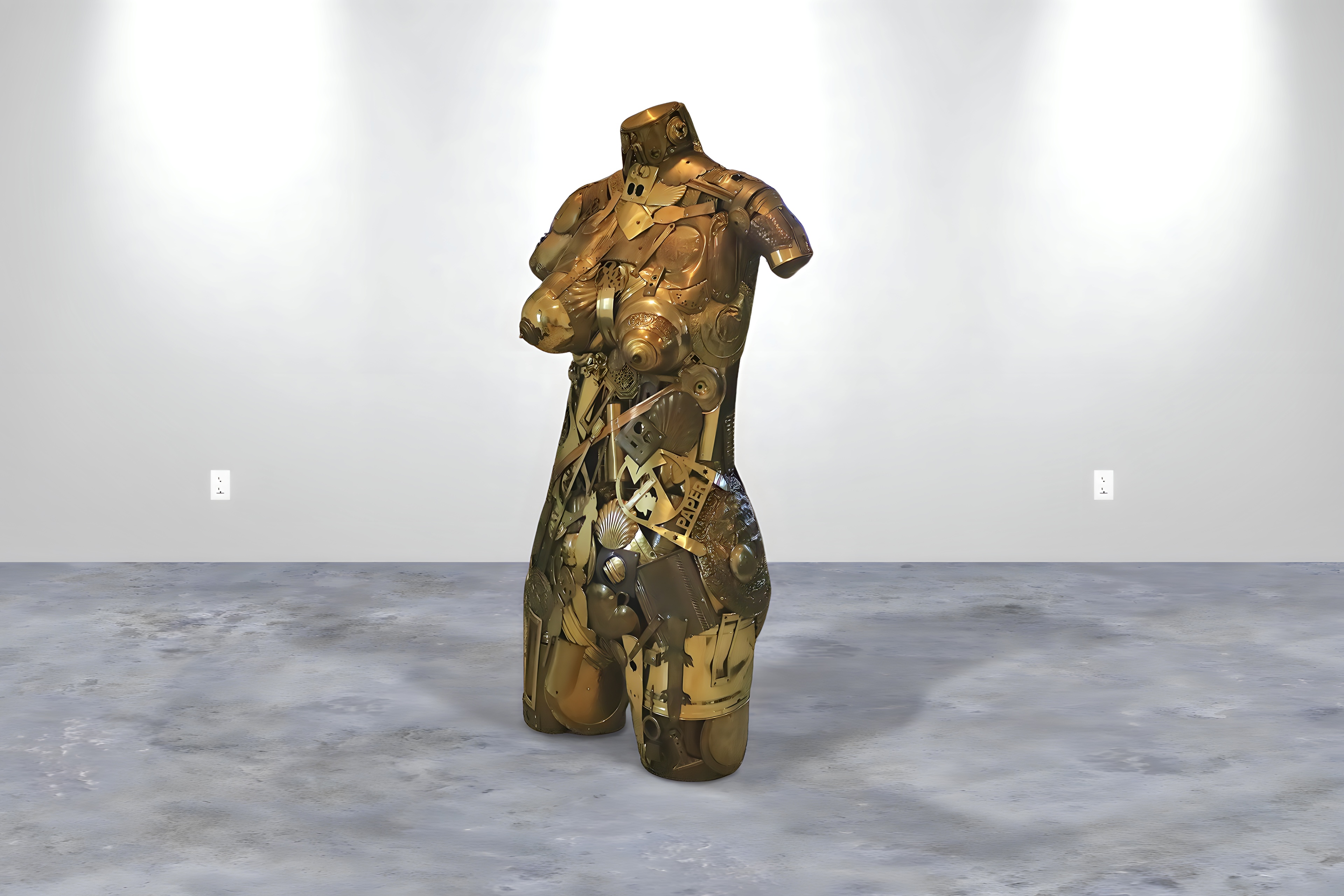 A gilded torso sculpture assembled from salvaged metal objects by Leo Sewell