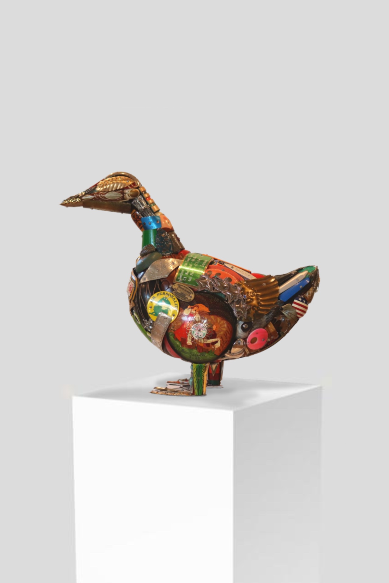 A duck sculpture assembled from salvaged metal and found objects by Leo Sewell